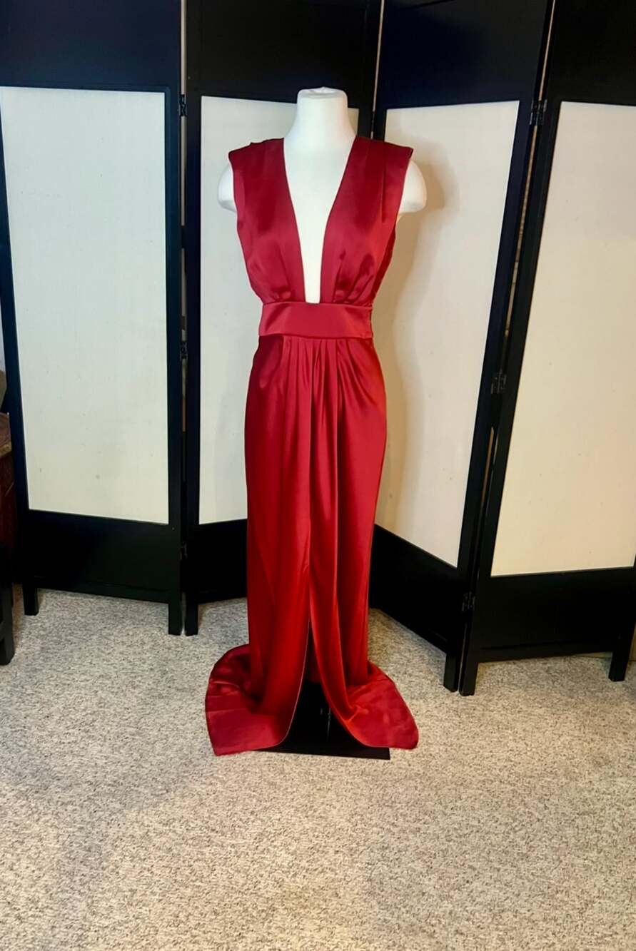 Ramy Brook Crimson Satin Plunging Maxi Dress